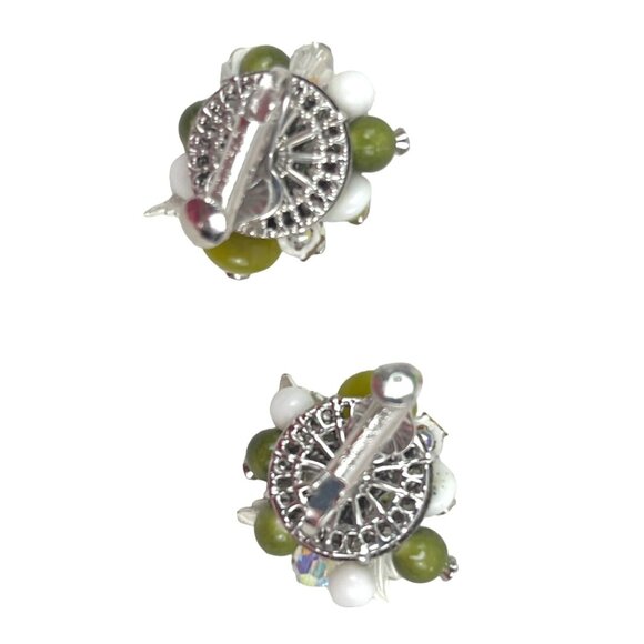 Vendome Vintage Beaded Clip-On Earrings With Green & White Beads Rhinestones & S - Picture 6 of 8